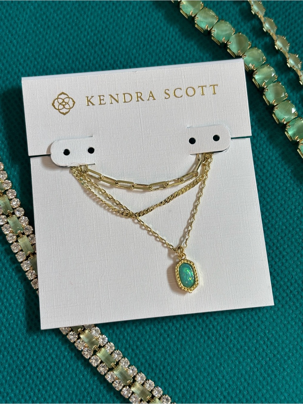Kendra Scott Gold Layered Necklace with Green Opal Pendant
